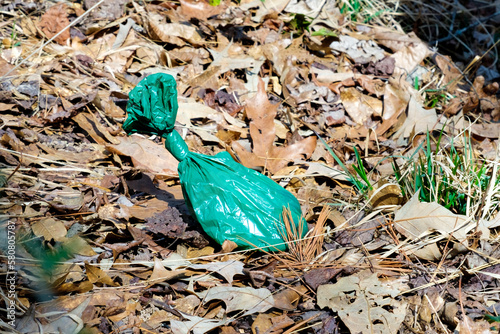 Full green plastic dog poop bag on fall leaves