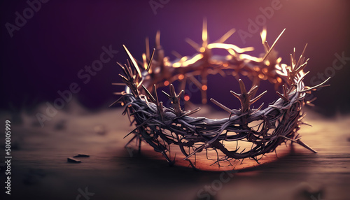 Passion Of Jesus - Crown Of Thorns and Nails And Purple Robe On Ground With Sunlight And Selective Focus