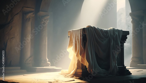 Resurrection Of Jesus Christ - Tomb Empty With Shroud n At Sunrise With Abstract Bokeh Lights