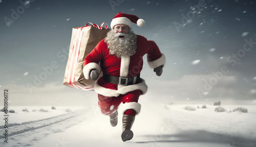 Santa Claus With Red Banner Bag Running On Snow In Winter Landscape - Fast Delivery Present