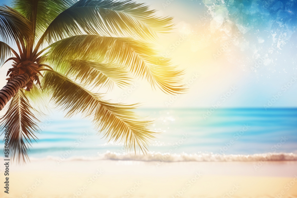 Seascape with palm on the bright sunny day, created with generative AI