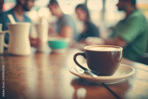 Coffee cup on the table with blurred coffee shop in background, created with generative AI