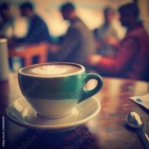 Coffee cup on the table with blurred coffee shop in background  created with generative AI