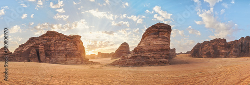 Morning sun shines over rocky desert formations  typical landscape in Al Ula  Saudi Arabia. High resolution panorama