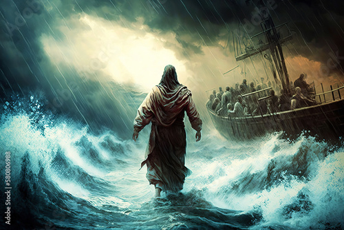 Fotografia christ walking on water, jesus walk on water sea of galilee toward fishing boat