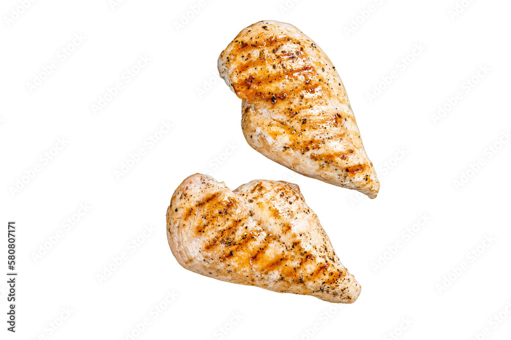 Grilled healthy chicken breasts cooked on a grill pan.  Isolated, transparent background.