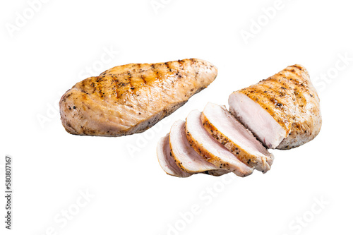 BBQ grilled and sliced chicken breast fillet steak.  Isolated, transparent background. photo