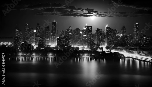 A black and white photo of a cityscape with the moon shining over it photography created with Generative AI technology