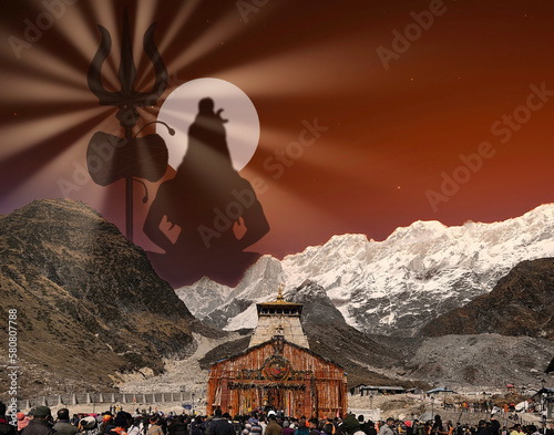 Lord shiva illustration behind kedarnath temple uttarakhand  photo