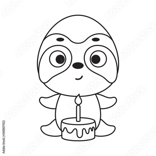 Coloring page cute little sloth with birthday cake. Coloring book for kids. Educational activity for preschool years kids and toddlers with cute animal. Vector stock illustration