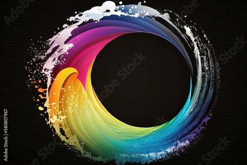 Colorful cartoon wave with empty circle frame with space for text. Creative liquid ocean waves black background