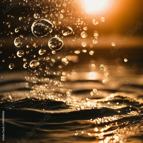 Water splash and sunlight. Summer background with Generative AI