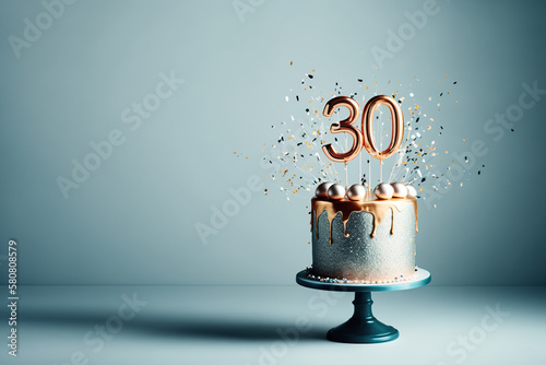Luxurious birthday white cake in a minimalist style with bronze icing topped and decorated with a number thirty on a blue background. Copy space. Generative AI photo
