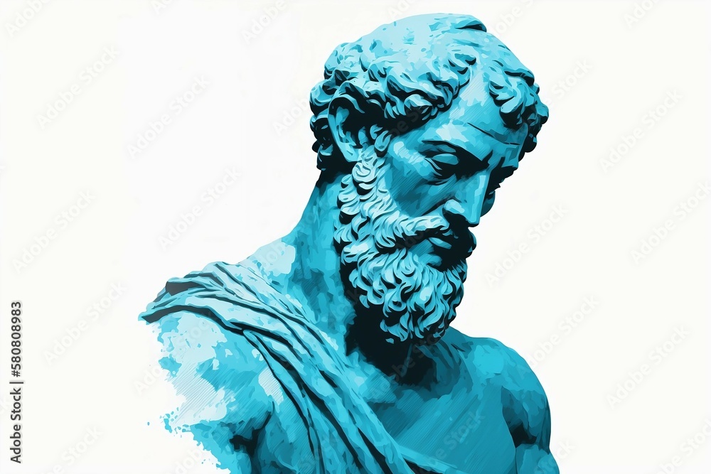 Obraz premium Aristotle sculpture illustration. Blue colors, minimalist white background 