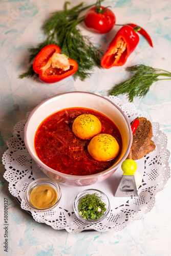 borscht with pampushki and garlic in the restaurant