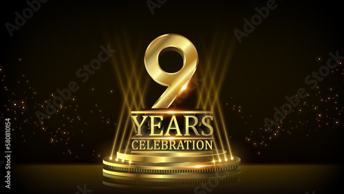 9 years Celebration Golden Jubilee Award Graphics Background. Entertainment Spot Light Hollywood Template  Luxury Premium Corporate Abstract Design Template Banner Certificate. 