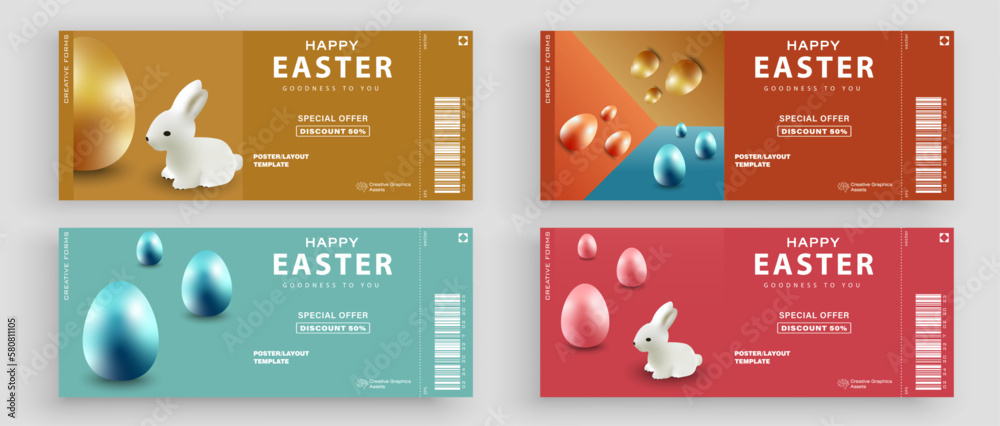 Set of Easter ticket. Easter background with realistic eggs and rabbit. Vector illustration for poster, greeting cards, booklets, promotional materials, website