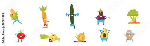 Funny Vegetables Doing Sport and Physical Exercise Vector Set