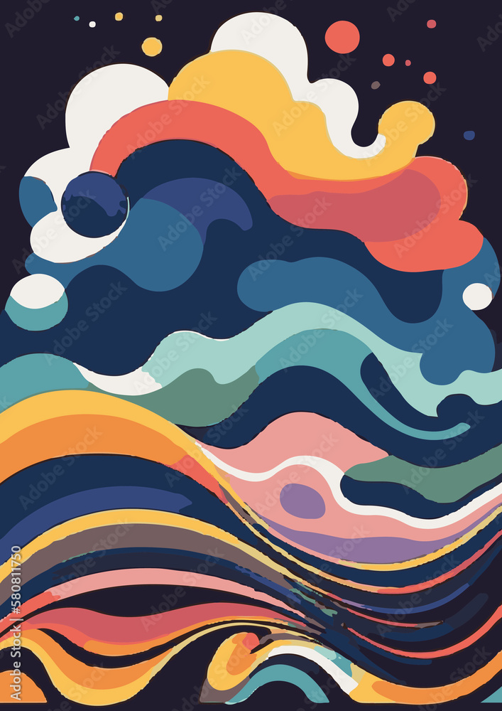 A set of backgrounds for text, landscape psychedelic hippie art, a frame of stylized waves. 