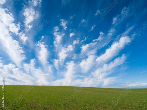 Nubes rotas en un gran cielo azul sobre un cultivo verde.