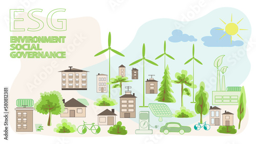 Green eco city vector Protecting the Earth is clean energy.Earth Day is a concern for the environment.Eco  ESG the earth is in the hands of man.