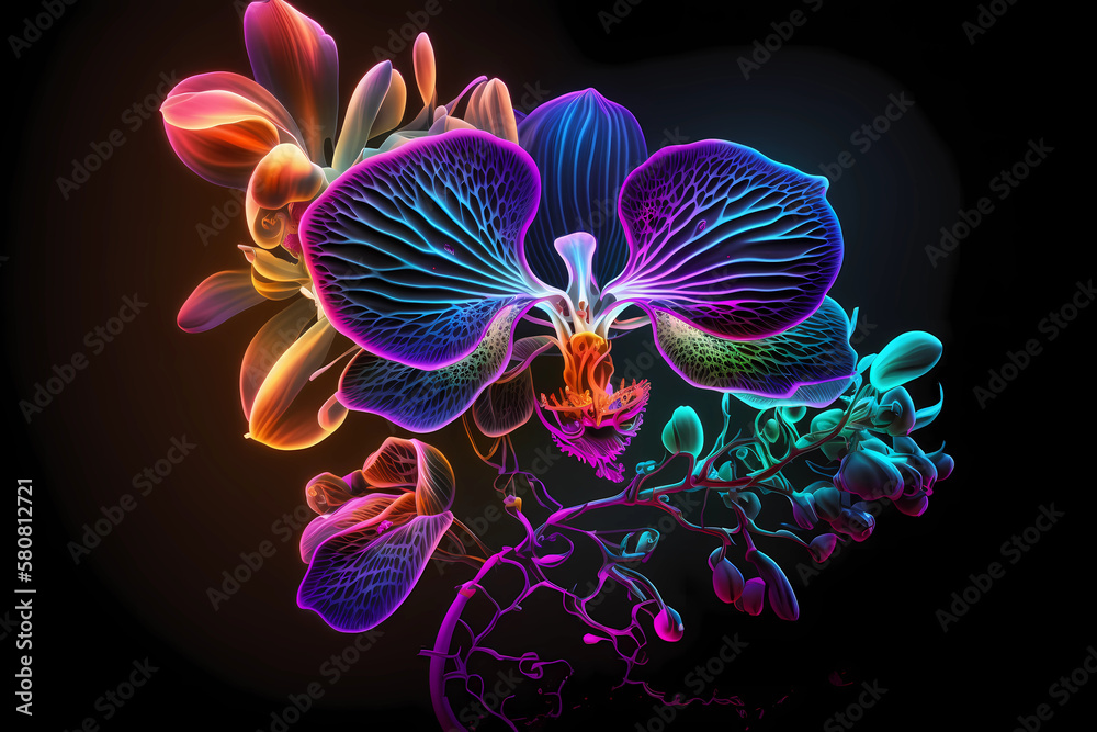 Fluorescent orchid. Neon glowing orchid. AI generation Stock Illustration