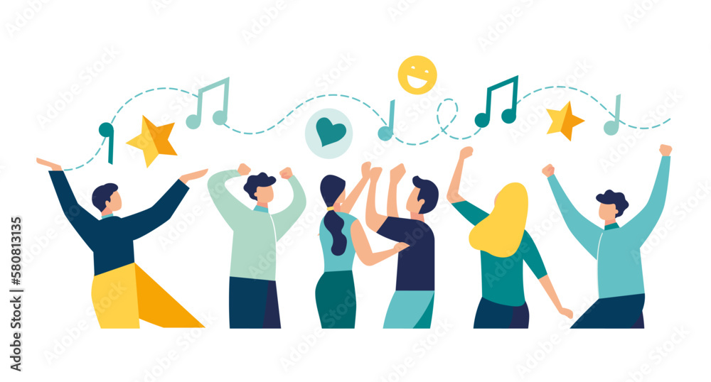 group of people dancing and having fun to music vector illustration dance school, disco, fan music club