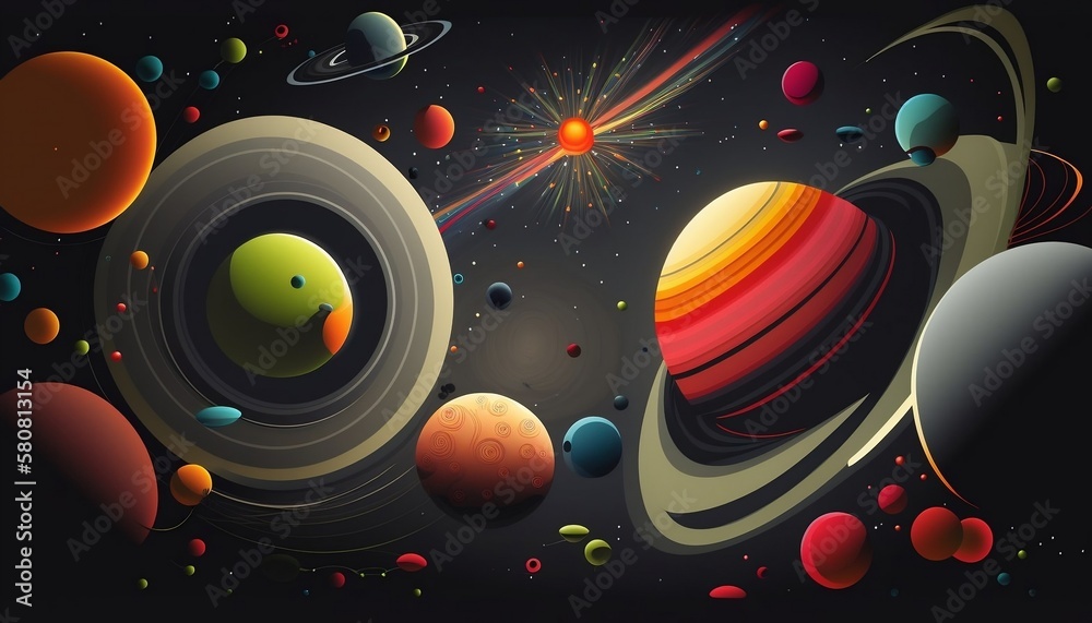Abstract background in outer space with planets and the sun