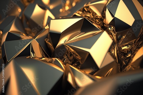 An abstract gold geometric surface. Computer-created looping animation. backdrop, contemporary, polygonal, form. Poster, cover, logo, and banner animation design. Generative AI