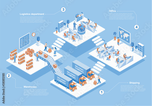 Delivery company concept 3d isometric web scene with infographic. People work in logistics department, workers loading boxes in warehouse for shipping. Vector illustration in isometry graphic design