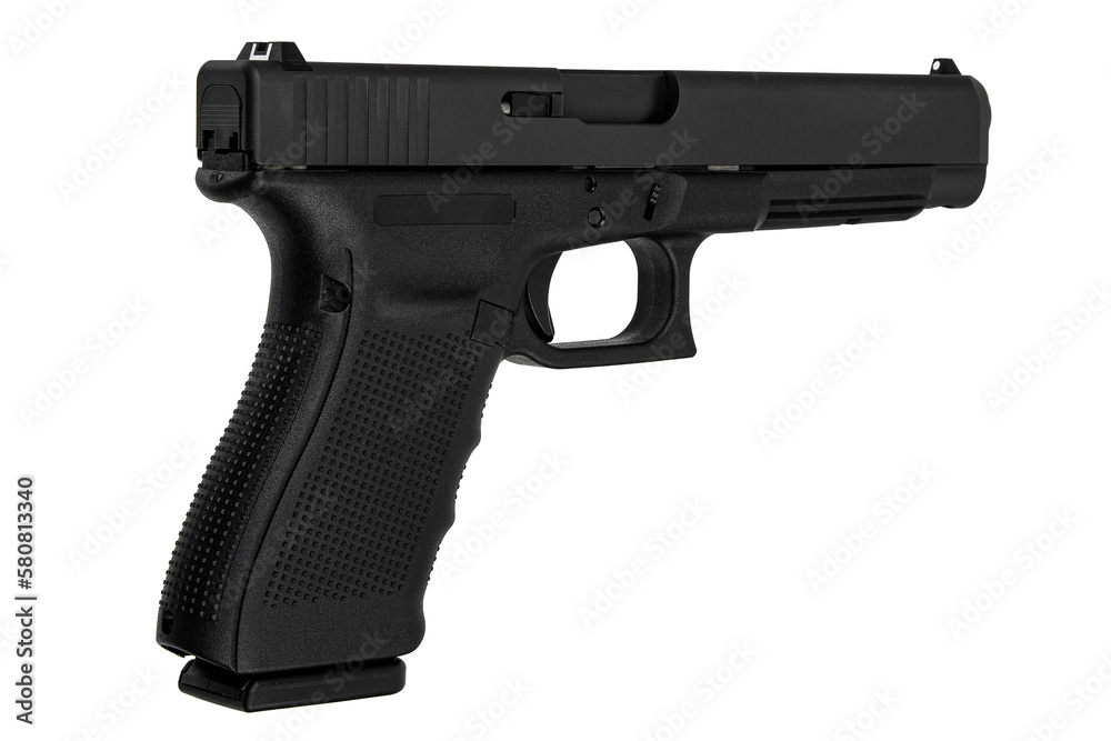 Modern semi-automatic pistol isolate on a white background. Armament for the army and police. Short-barreled weapon Modern semi-automatic pistol isolate on a white background. Armament for the army and police. Short-barreled weapon