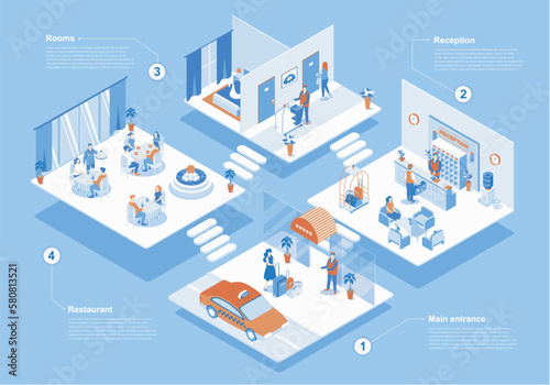 Hotel concept 3d isometric web scene with infographic. People at main entrance, waiting at reception, tourists check into rooms and dine in restaurant. Vector illustration in isometry graphic design