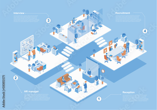 HR agency concept 3d isometric web scene with infographic. People wait at reception, managers working at office, recruitment and job interview in room. Vector illustration in isometry graphic design
