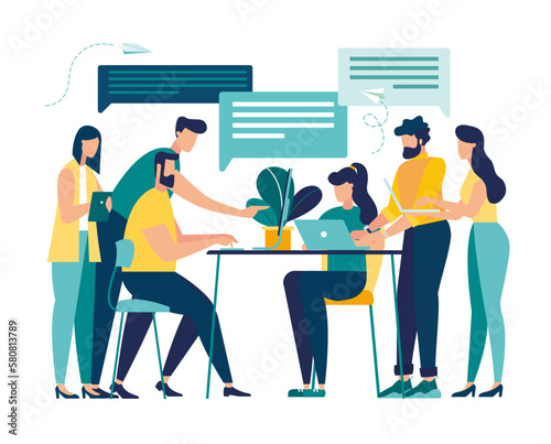 group of people with bubb Discussion, conversation with speech bubbles. illustration brainstorming for idea meeting opinion concept, discussing work in meeting and talk with speech bubbles