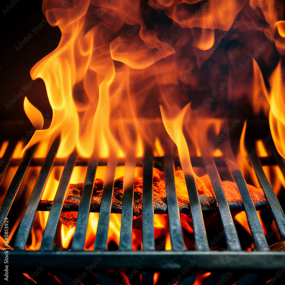 Barbecue Grill With Fire Flames Empty Fire Grid On Black Background Stock Photo Adobe Stock