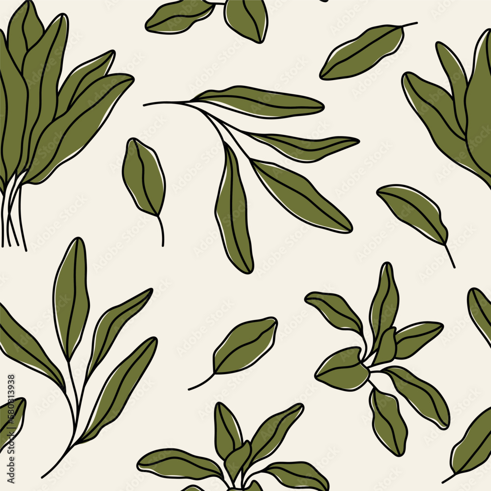 Line art sage branches seamless pattern Line art sage branches seamless pattern