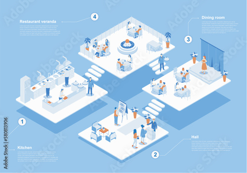 Restaurant concept 3d isometric web scene with infographic. People waiting at hall, sitting at tables in dining room or veranda, staff work at kitchen. Vector illustration in isometry graphic design