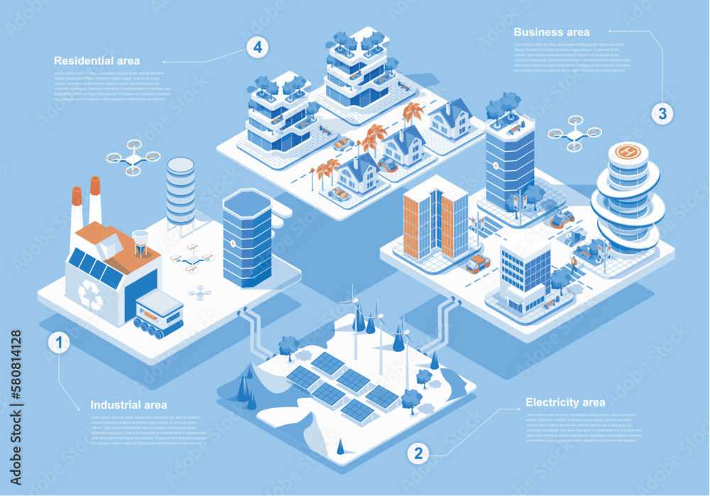 Smart city concept 3d isometric web people scene with infographic. Urban infrastructure with industrial, electricity, business and residential areas. Vector illustration in isometry graphic design
