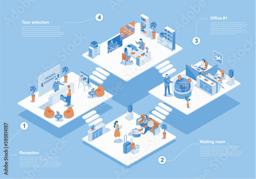 Travel agency concept 3d isometric web scene with infographic. People at reception hall and waiting room, operators work and tour selection in office. Vector illustration in isometry graphic design
