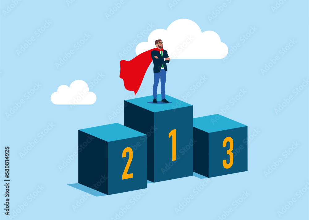 Businessman standing on first podium in super hero costume. Success in business and career. Modern vector illustration in flat style Businessman standing on first podium in super hero costume. Success in business and career. Modern vector illustration in flat style