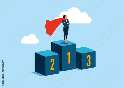 Businessman standing on first podium in super hero costume. Success in business and career. Modern vector illustration in flat style