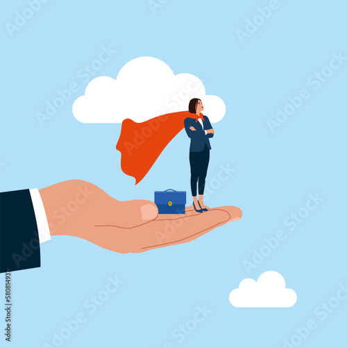 Businesswoman super hero belief in supported hand. Leadership or business growth concept, help to succeed in job. Modern vector illustration in flat style