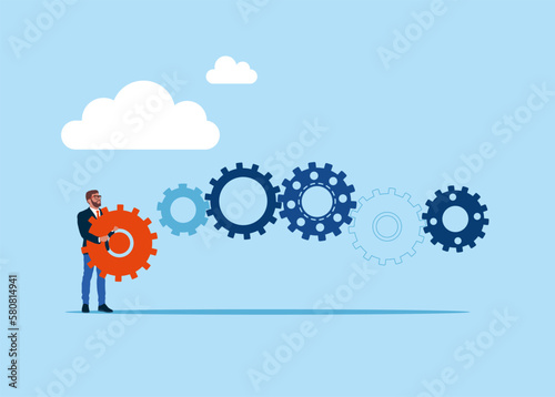Automate business process with flowcharts. Businessman complete connection of gears. Modern vector illustration in flat style