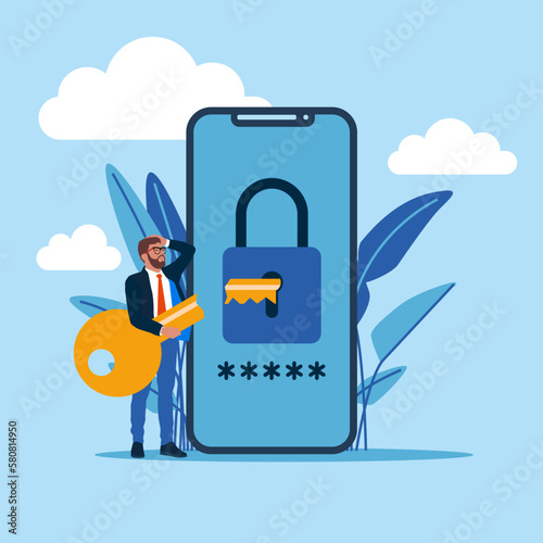 Login attempt failed, forgot password, wrong password. Businessman with broken key is confused. Flat vector illustration