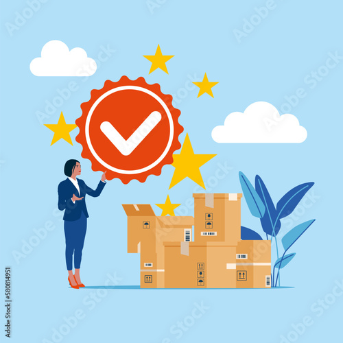Quality Control to check quality and giving certified. Procurement and purchasing company equipments, goods and service, audit and checking price. Modern vector illustration in flat style