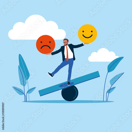 Man balances good and bad mood on the scales. Emotional balance. Modern vector illustration in flat style