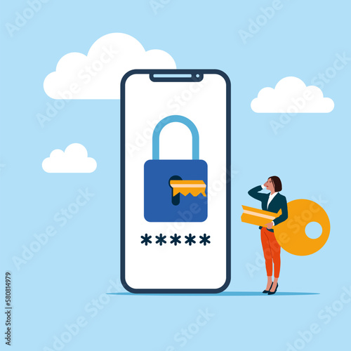 Login attempt failed, forgot password, wrong password. Woman with broken key is confused. Modern vector illustration in flat style