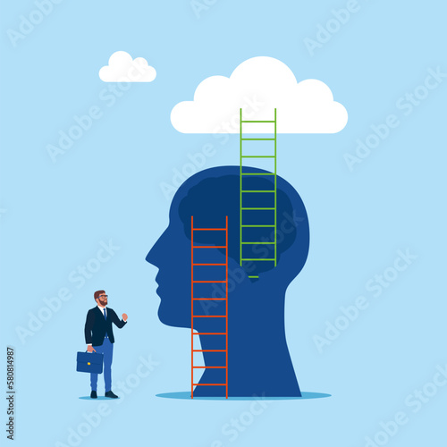Head and ladder, next level improvement. Pursuit of happiness, self esteem and confidence. Flat vector illustration