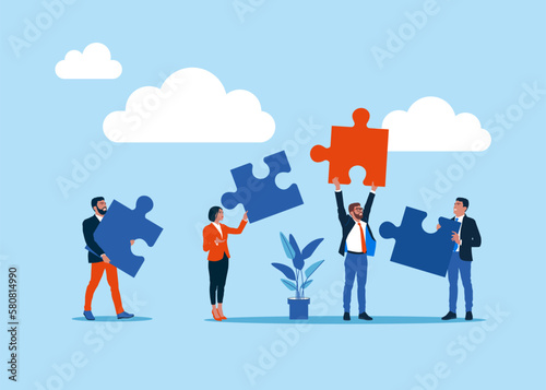Business people holding jigsaw puzzle elements. cooperation. Teamwork and unity.  Modern vector illustration in flat style