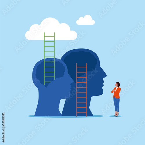 Head and ladder, next level improvement. Pursuit of happiness, self esteem and confidence. Modern vector illustration in flat style